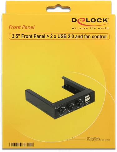 Eine Verpackung zeigt ein Frontpanel von Delock mit 3,5 Zoll, 2 USB 2.0 Anschlüssen und Lüftersteuerung.