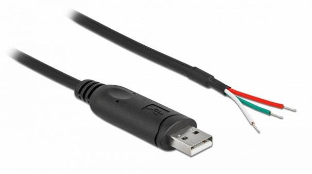 USB-Kabel: Schwarz mit offenem Ende, vier farbige Drähte freigelegt.