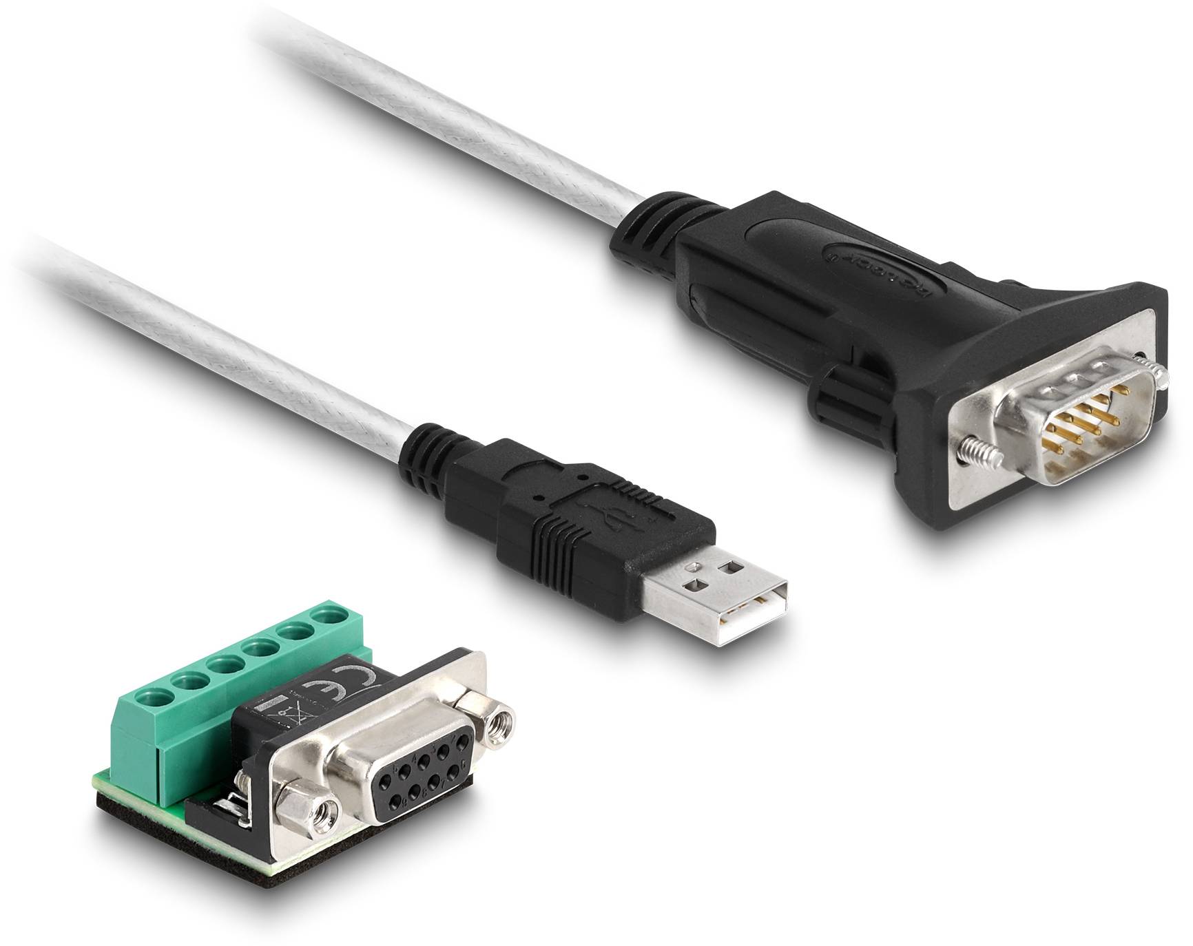 Ein USB-zu-RS-232-Konverter mit Kabeln und Anschlüssen, verwendet für serielle Datenverbindungen zwischen Computern und Geräten.