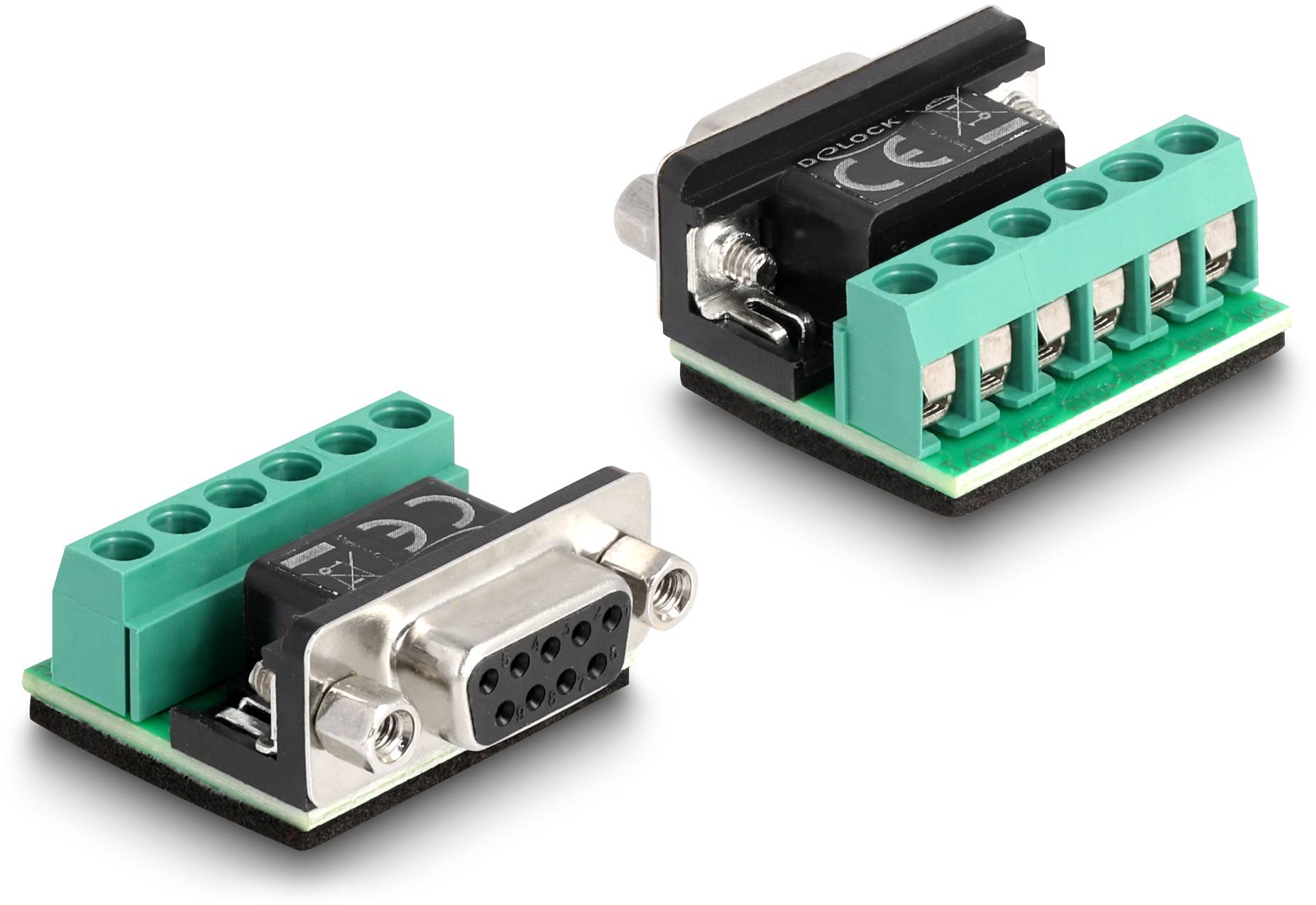 Zwei grüne Steckverbinderadapter, einer mit einer DB9-Buchse, zeigen Anschlüsse und Schraubklemmen für elektrische Verbindungen.