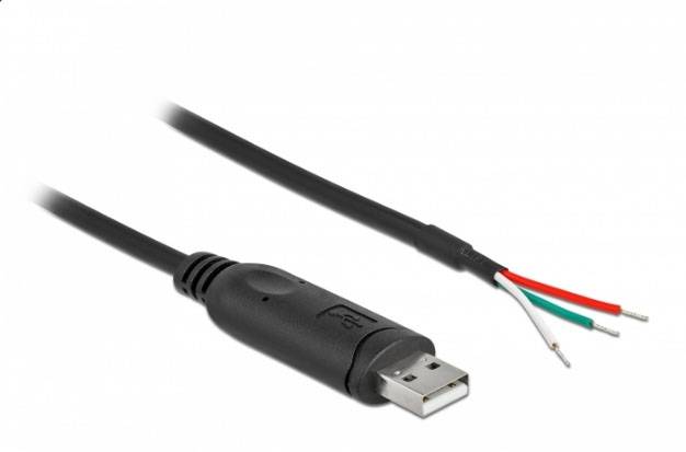Ein USB-Kabel mit einem Stecker auf der einen Seite und abisolierten Kabelenden auf der anderen Seite zur freien Verkabelung.