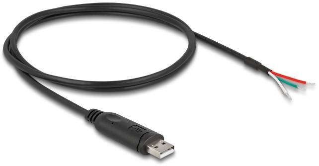 Schwarzes USB-Kabel mit offengelegten Drähten am Ende. Wird für Datenübertragung oder Stromversorgung zwischen Geräten verwendet.