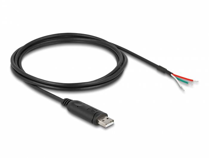 Ein schwarzes USB-Kabel mit einem Stecker auf der einen und abisolierten Enden auf der anderen Seite, bereit zum Anschluss.