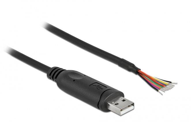 Ein schwarzes USB-Kabel mit offenliegenden, farbigen Adern. Eignet sich zum Anstecken an Geräte zur Stromversorgung oder Datenübertragung.