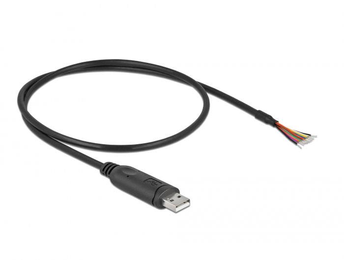 Ein USB-Kabel mit offenem Ende und sechs sichtbaren Adern in verschiedenen Farben, geeignet für elektronische Verkabelung.
