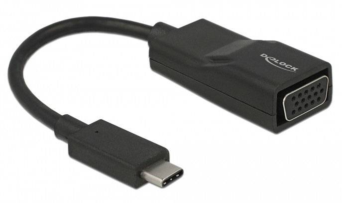 Ein schwarzer USB-C-zu-VGA-Adapter mit einem Kabel verbindet einen USB-C-Stecker mit einem VGA-Ausgang, ermöglicht Videoverbindungen.