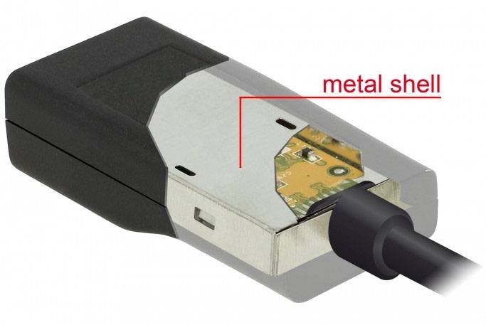 Nahaufnahme eines Steckers mit Beschriftung 'metal shell'. Der Stecker zeigt ein Metallgehäuse mit sichtbarem Kabelanschluss.