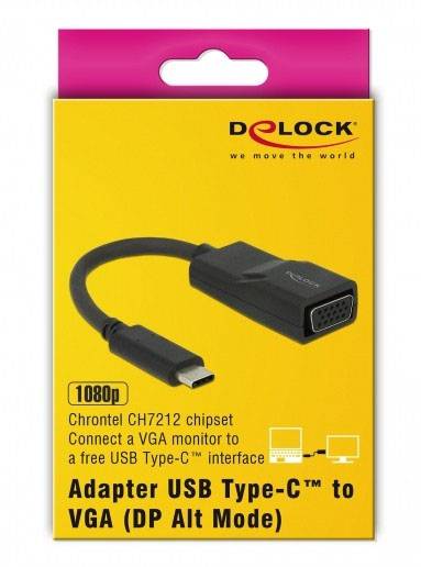 Verpackung eines Delock Adapters von USB Type-C zu VGA. Unterstützt 1080p-Auflösung. Abbildung des Adapters und Kennzeichnungen.