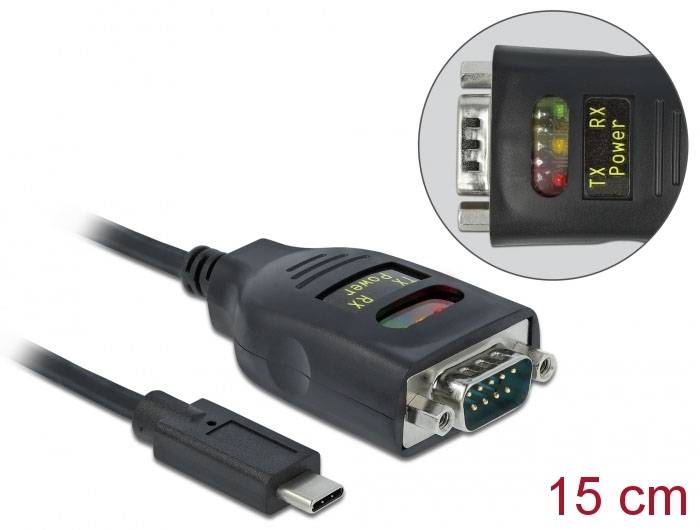 USB-C auf RS232 Adapterkabel, Länge 15 cm. Auf der RS232-Seite sind LED-Anzeigen für TX, RX und Power vorhanden.