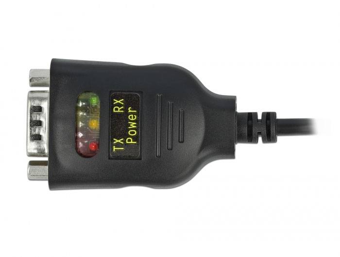 Schwarzes serielles Kabel mit DB9-Stecker und drei LED-Anzeigen. Beschriftet mit 'TX', 'RX', 'Power'.
