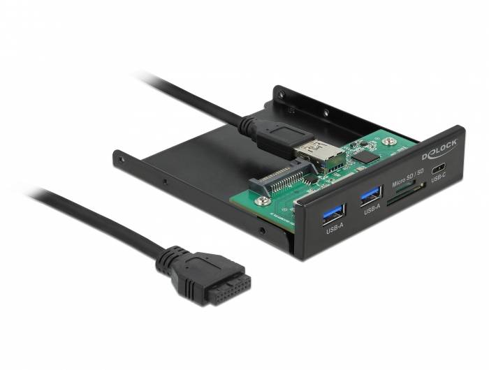 Externe USB-Anschlüsse und Speicherkartenleser in einer Einbaurahmenhalterung. Zwei USB-Ports, Kartenleseschlitze und Kabel sind sichtbar.