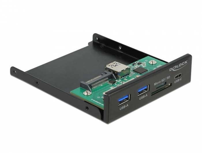 Interne USB-Frontblende mit zwei USB-A-, einem USB-C- und einem MicroSD/SD-Kartenleser-Anschluss von Delock, zur Montage in einem PC-Gehäuse.