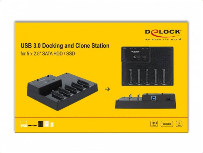 Delock 64098 SATA 6 Gb/s, USB-B, DC-Buchse 3.5mm Festplatten-Dockingstation mit Clone-Funktion, mit USB Hub