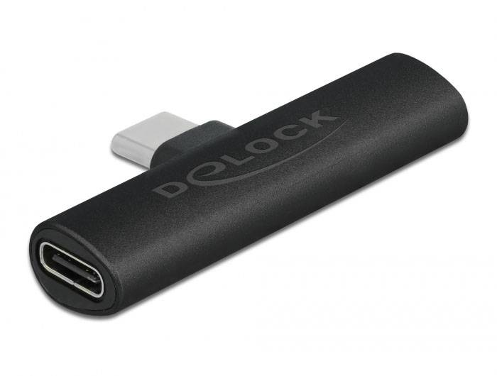 Adapter mit USB-C auf USB-C-Anschluss, rechteckiges schwarzes Design mit 'Delock'-Logo seitlich abgebildet.