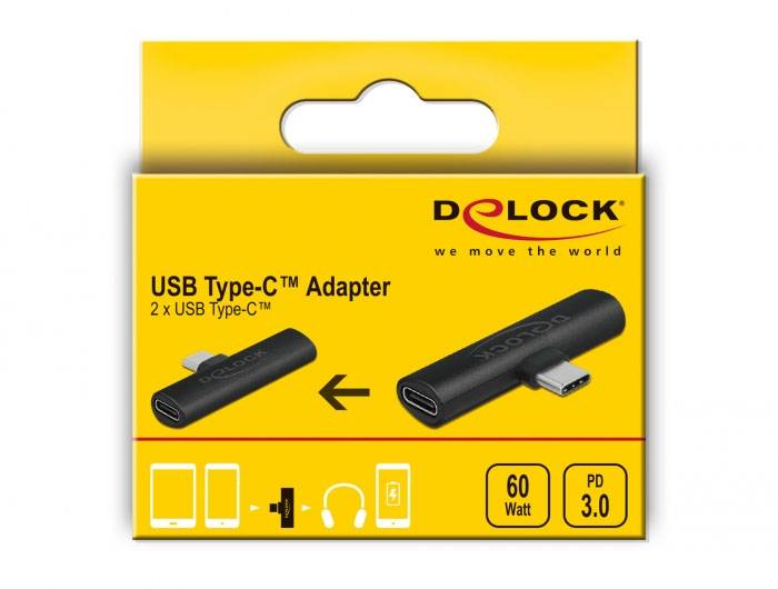 Verpackung eines 'DELOCK USB Type-C Adapter', zeigt ein schwarzes T-Adapter-Design. Geeignet für Geräte mit 60 Watt und Power Delivery 3.0.