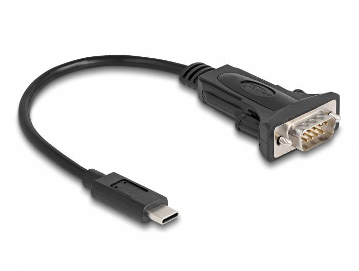 Ein schwarzes Kabel mit USB-C-Stecker links und VGA-Stecker rechts zur Verbindung von Geräten mit unterschiedlichen Anschlüssen.