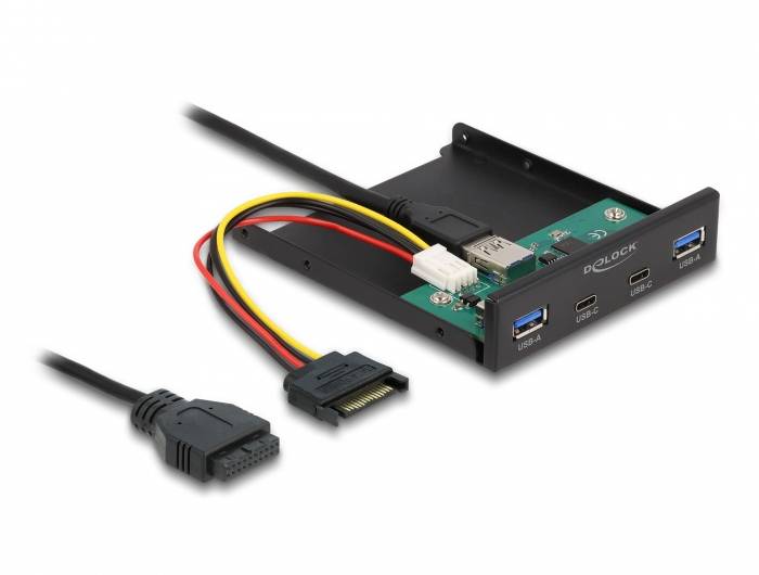 Ein PC-Frontpanel mit zwei USB 3.0- und zwei USB-C-Anschlüssen, angeschlossen mit Kabeln. Markiert mit 'Delock'.