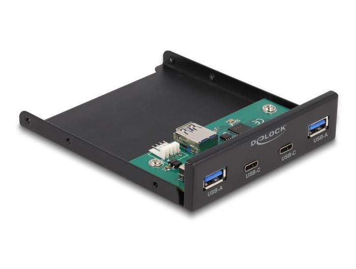 Schwarze USB-Frontblende mit zwei USB-A- und zwei USB-C-Anschlüssen, geeignet für den Einbau in einen PC.