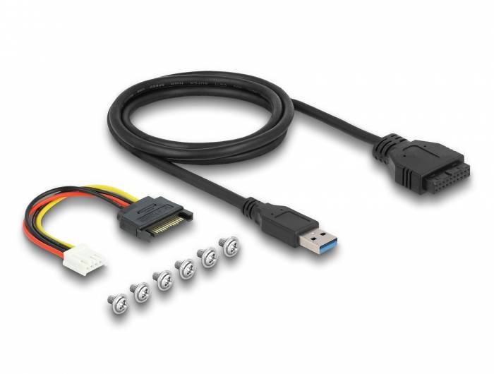 Ein USB-Kabel, ein SATA-zu-Molex-Adapter und sechs Schrauben auf weißem Hintergrund. Zubehör für Computerhardware.