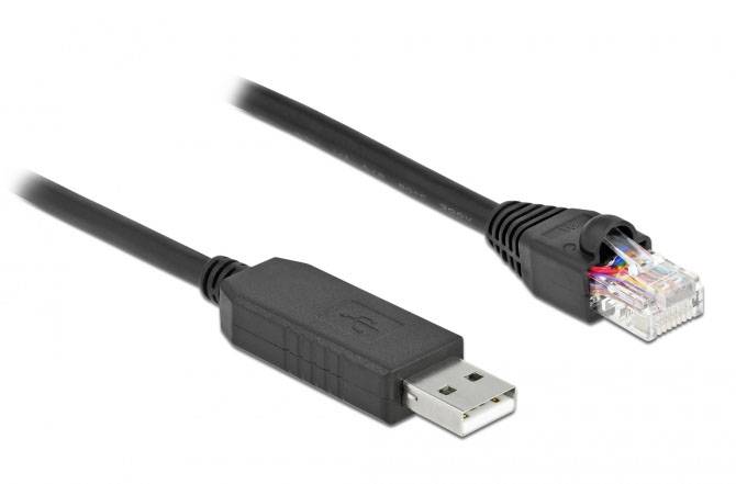 Ein schwarzes Kabel mit einem USB-Anschluss auf der einen Seite und einem Ethernet-Anschluss auf der anderen Seite zur Datenübertragung.