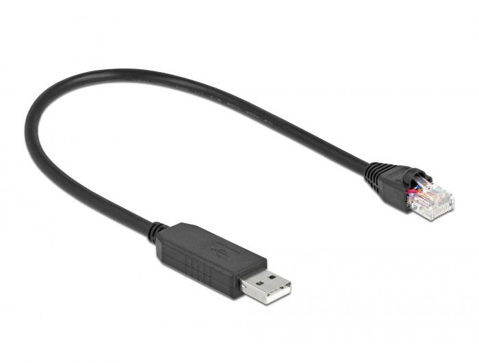 Ein schwarzes Kabel mit einem USB-Stecker auf der einen Seite und einem RJ45-Stecker auf der anderen Seite, das Netzwerkverbindungen ermöglicht.