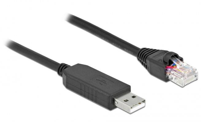 'USB-zu-Ethernet-Kabel' mit USB-Stecker links und Ethernet-Stecker rechts. Ideal zum Verbinden von Geräten ohne Ethernet-Anschluss.