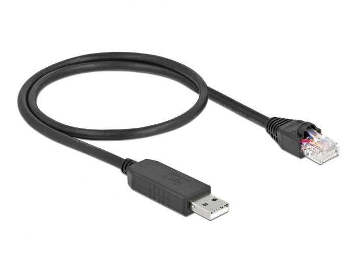 Ein schwarzes Kabel mit einem USB-Stecker auf einer Seite und einem RJ-45-Netzwerkstecker auf der anderen. Geeignet für Netzwerkverbindungen.