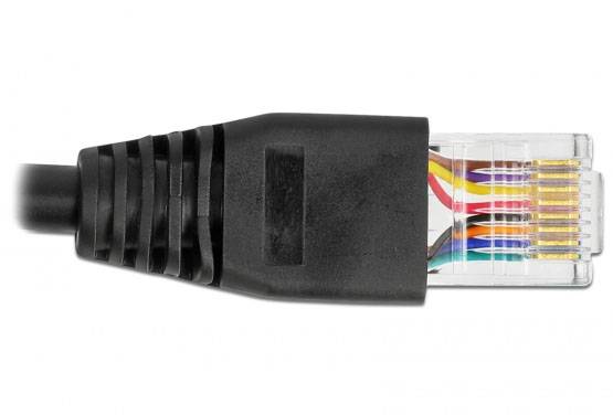 Ein RJ-45-Stecker mit mehreren farbigen Drähten ist mit einem schwarzen Kabel verbunden. Es wird häufig für Ethernet-Verbindungen genutzt.