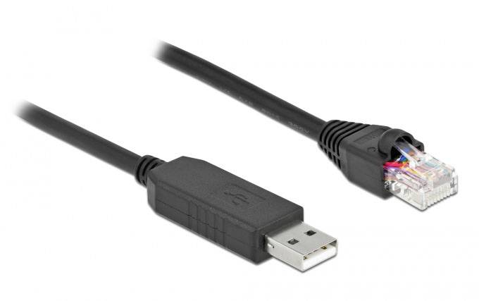 Ein schwarzes USB-zu-RJ45-Kabel, das für Netzwerkkonnektivität und Datenübertragung zwischen Geräten verwendet wird.