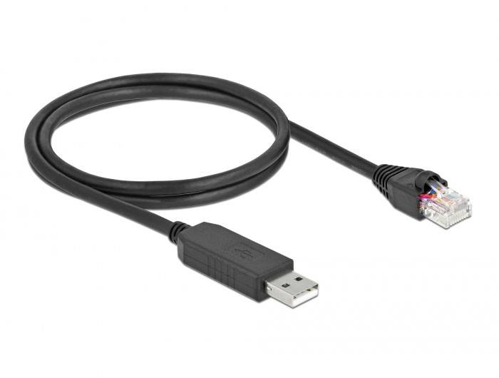 Ein schwarzes Kabel mit einem USB-Stecker auf der einen Seite und einem RJ45-Stecker auf der anderen. Used for network connections.