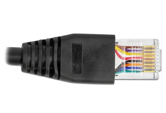 Nahaufnahme eines RJ-45-Netzwerkkabels mit schwarzer Ummantelung, zeigt die durch das transparente Ende sichtbaren farbigen Drähte.