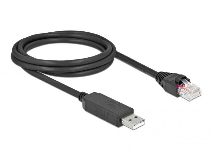 USB-zu-Ethernet-Kabel auf weißem Hintergrund, zeigt Adapterende für USB-Anschluss und Netzwerkstecker für Ethernet-Verbindung.