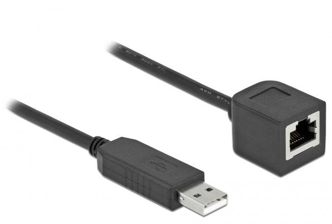 Ein USB-Kabeladapter mit einem USB-Stecker auf der linken Seite und einem RJ45-Buchse auf der rechten Seite.