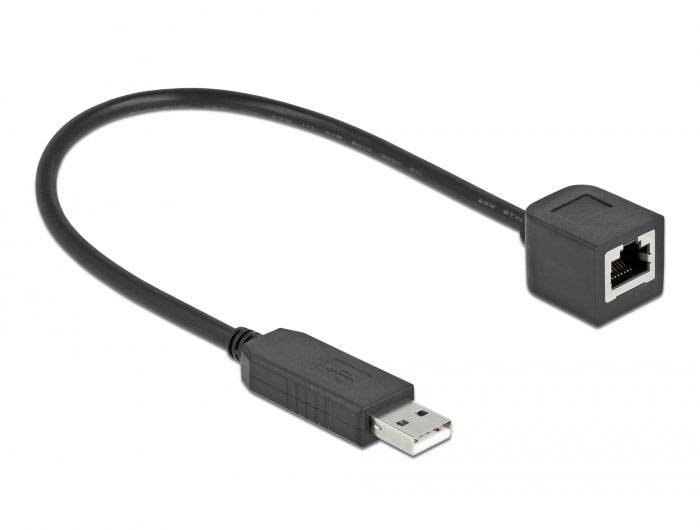 Ein schwarzes USB-auf-Ethernet-Kabeladapter; USB-Stecker auf einen RJ-45-Port.