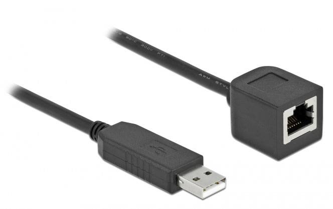 USB-zu-Ethernet-Adapter mit einem USB-Stecker auf der linken Seite und einem Ethernet-Anschluss auf der rechten Seite.