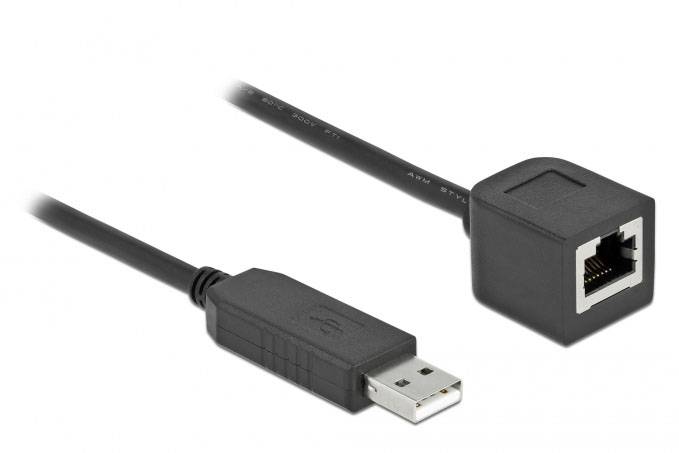 USB-zu-Ethernet-Adapter mit USB-Stecker und Ethernet-Buchse. Dient der Verbindung von USB-Geräten mit einem Netzwerk.