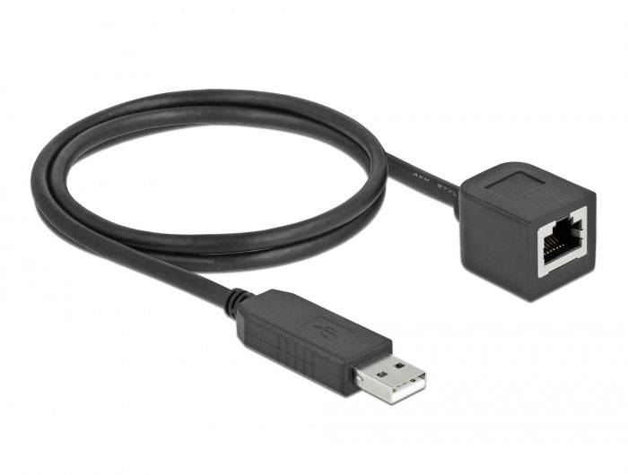 USB-zu-Ethernet-Adapterkabel, zeigt einen USB-Stecker und eine Ethernet-Buchse. Ideal für Netzwerkanbindung über USB.