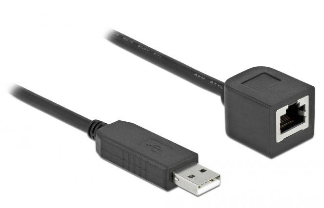 Schwarzes Adapterkabel mit einem USB-Stecker auf der einen Seite und einem Ethernet-Buchsenanschluss auf der anderen.