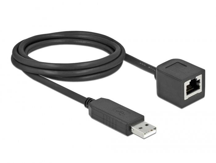 Schwarzes USB-zu-Ethernet-Adapterkabel, mit einem USB-Stecker und einem Ethernet-Anschluss. Ideal für Netzwerkkonnektivität.