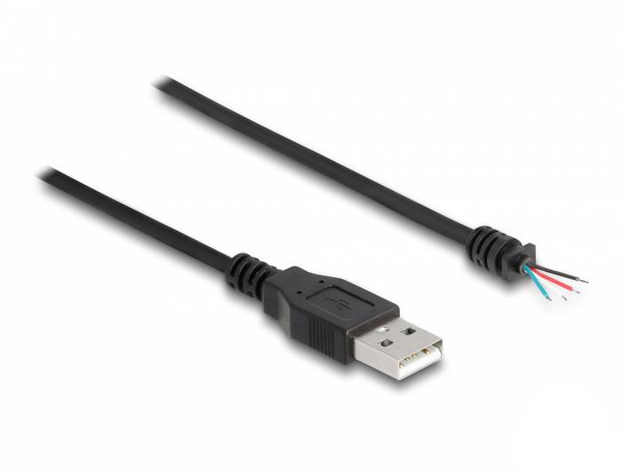 USB-Kabel: Eine Seite mit Stecker, andere Seite mit freiliegenden, bunt codierten Drähten.