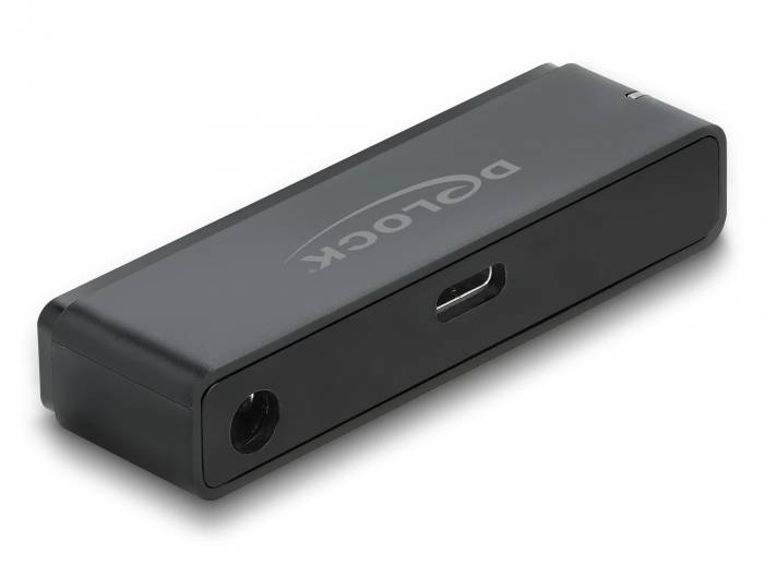 Ein schwarzer USB-C-Adapter von Delock mit einem Audio- und einem USB-C-Anschluss, auf weißem Hintergrund.