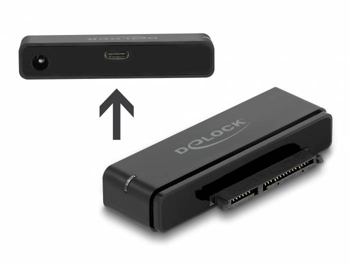 Ein schwarzer Delock SATA-Adapter für Festplatten, zeigt Anschluss für SATA-Kabel und einen USB-C-Port. Ideal für Datenübertragung.