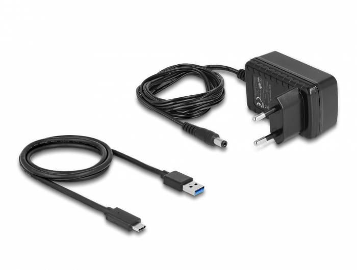Netzteil mit zwei Kabeln: Ein USB-Kabel und ein Stromkabel mit europäischem Stecker. Geeignet für elektronische Geräte.