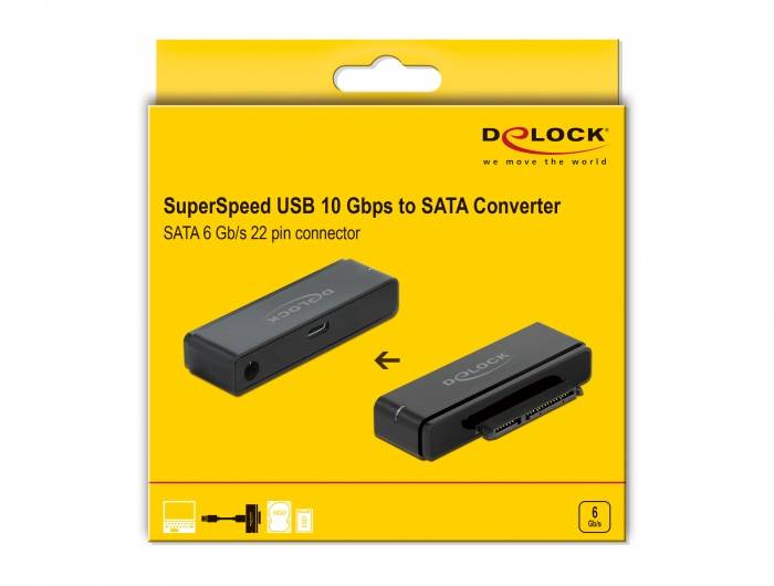 Gelb-orangefarbene Verpackung eines Delock USB 10 Gbps zu SATA Konverters, abgebildet mit Kabelanschlüssen, Produktname oben.