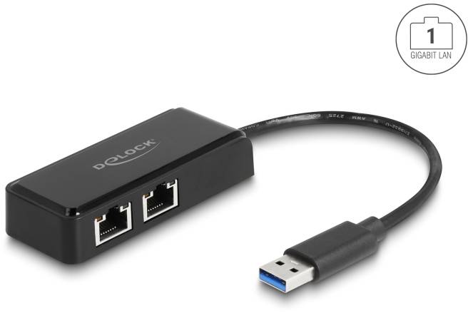 Ein schwarzer USB-Adapter mit einem USB-Stecker und zwei Ethernet-Anschlüssen, markiert mit 'Delock'.