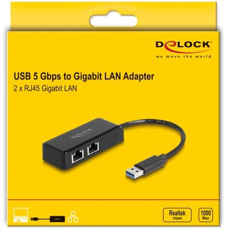USB-zu-Gigabit-LAN-Adapter-Verpackung, zeigt Produktbild mit zwei RJ45-Anschlüssen und USB-Anschluss. Marke: Delock.