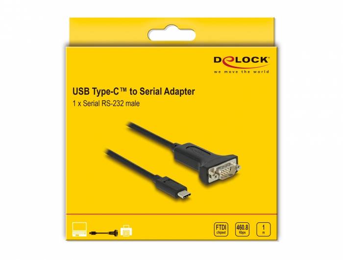 Gelbe Verpackung eines USB Type-C zu seriell Adapterkabels, zeigt Kabel und Anschlüsse. Entworfen von Delock.
