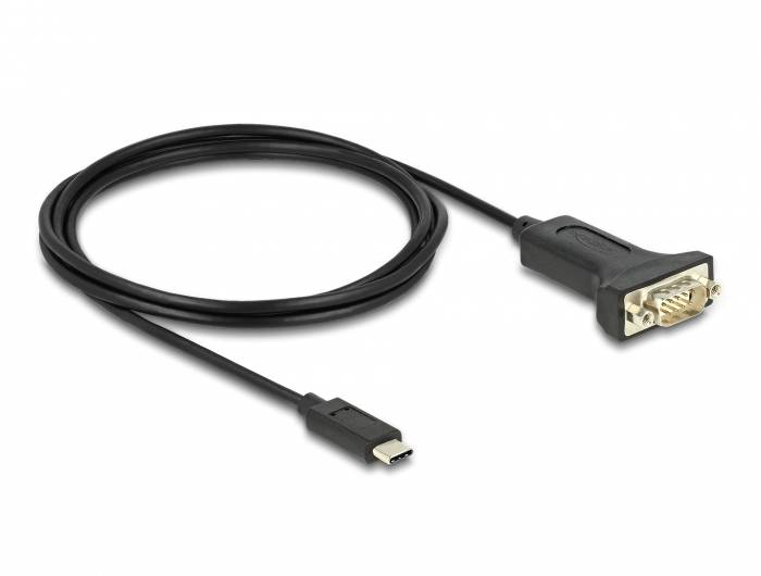 Ein schwarzes USB-C-auf-VGA-Kabel, geeignet zum Anschließen moderner Geräte an ältere VGA-Monitore oder Projektoren.