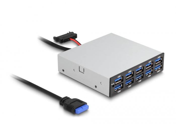 Silbernes externes Festplattengehäuse mit acht USB-3.0-Anschlüssen und zwei Kabelanschlüssen zur Datenübertragung.