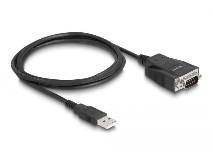 Schwarzes Adapterkabel mit USB-Anschluss auf der einen Seite und einem 9-poligen seriellen Anschluss (RS232) auf der anderen Seite.